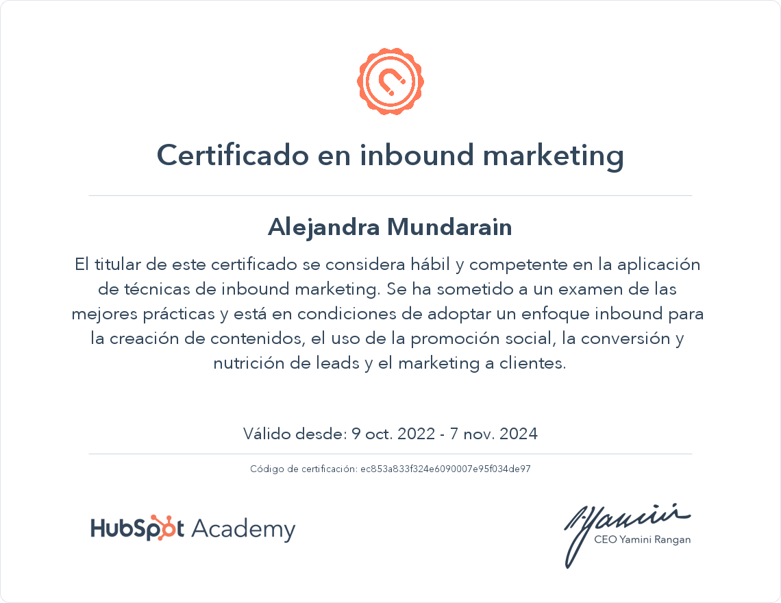 Certificación Inboung Marketing Alejandra Mundarain